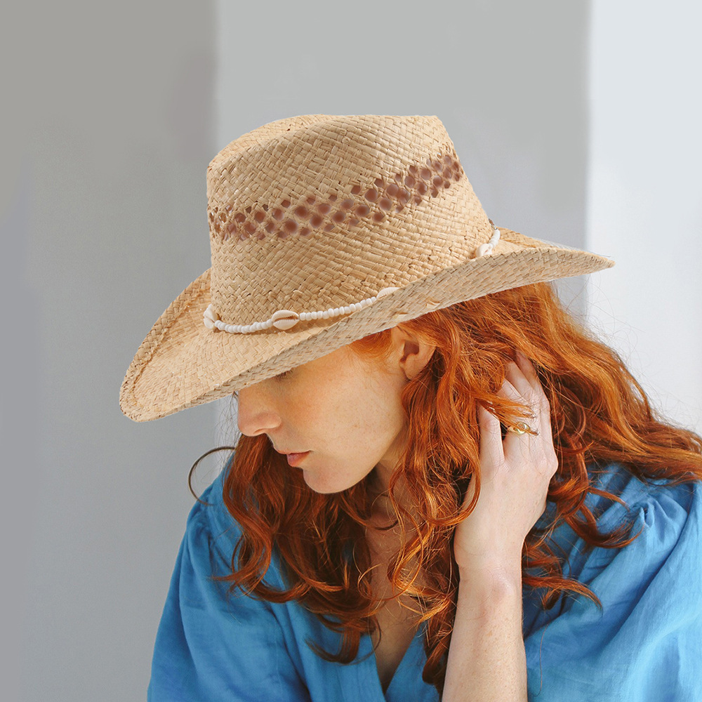 Cowboy Hat Straw - 2026年新作シェルチェーンストローハット手編みラフィアカウボーイハットビーチサンハット女性用夏用ワイドブリム折りたたみUV保護キャップ