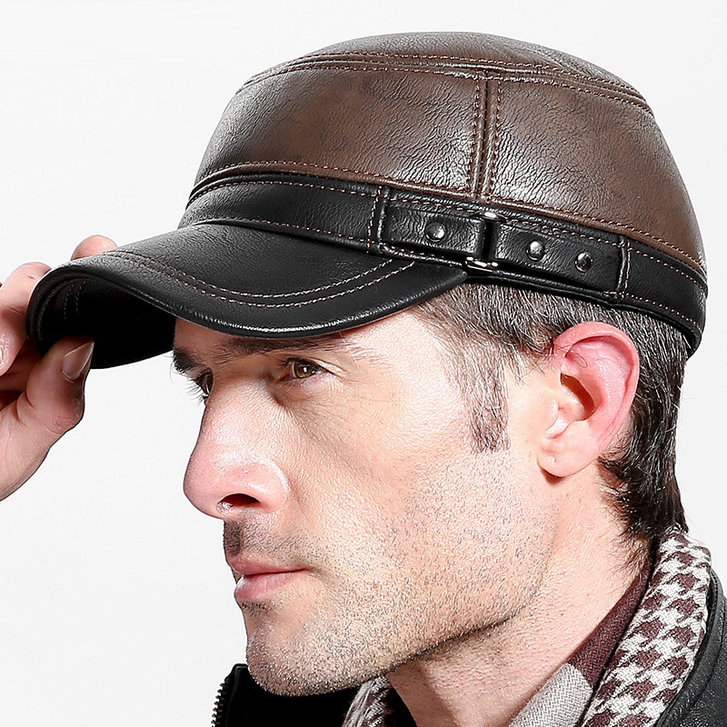 Baseball Cap Structured - 牛革本革野球帽男性暖かい耳介帽子牛革キャップ牛革フラットトップスナップバック帽子調節可能な B-7222