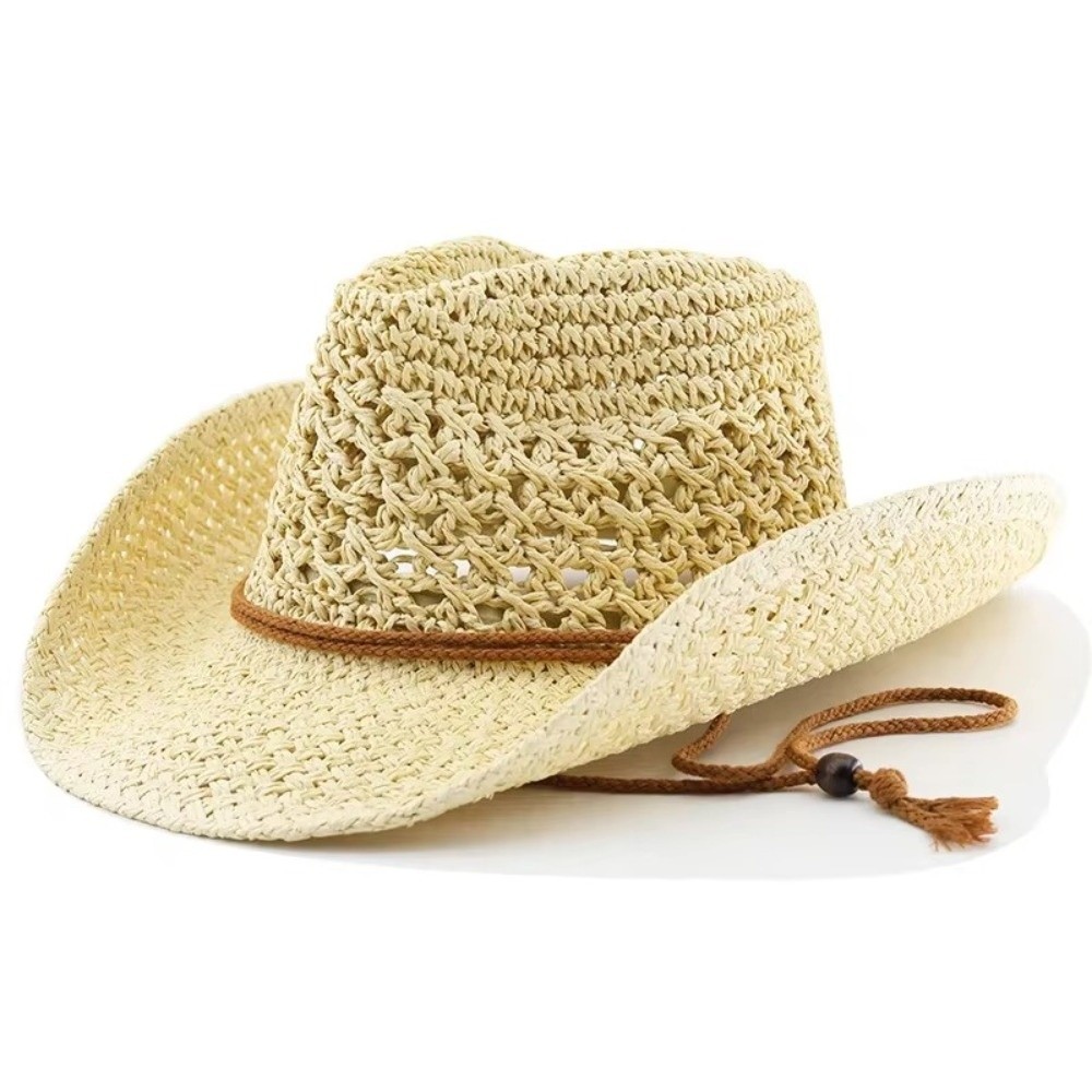 Cowboy Hat Straw - レトロなつば広日よけ麦わら帽子エスニックスタイルソリッドカラーカウガールバイザーキャップ中空通気性のあるウエスタンカウボーイハット旅行用