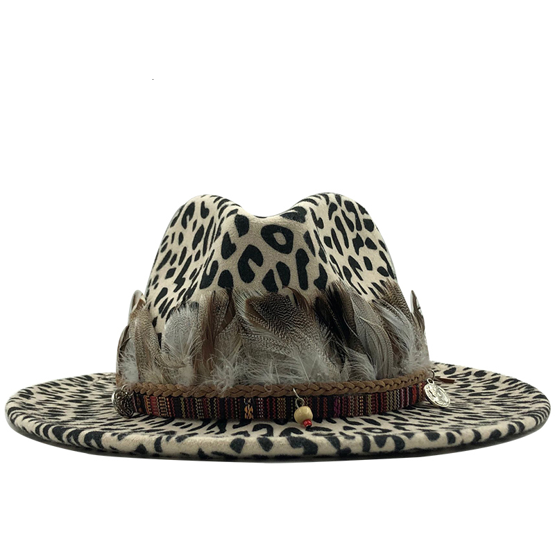 Fedora Hat Wool - フラットフェザーハット,男性と女性のための手作りの帽子,ヒョウ柄のフェザーバンドでフラット,トレンディ,新しい2019