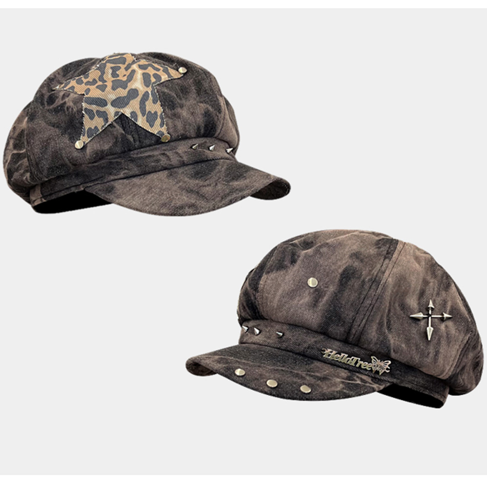 Dad Hat Cotton - Y2K パーソナライズされたスターステッカーリベットデザインベレー帽女性のための春と秋のファッション多用途レトロ絞り染めキャスケット帽子