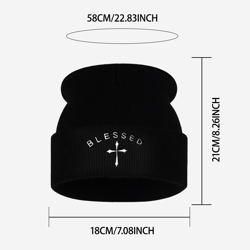 祝福の十字架刺繍入りビーニー、冬用折り返しニット帽、男女兼用 - Beanie Cuffed Knit のレビューと価格