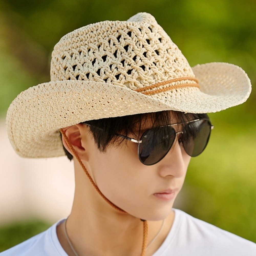 レトロなつば広日よけ麦わら帽子エスニックスタイルソリッドカラ - Cowboy Hat Straw のレビューと価格