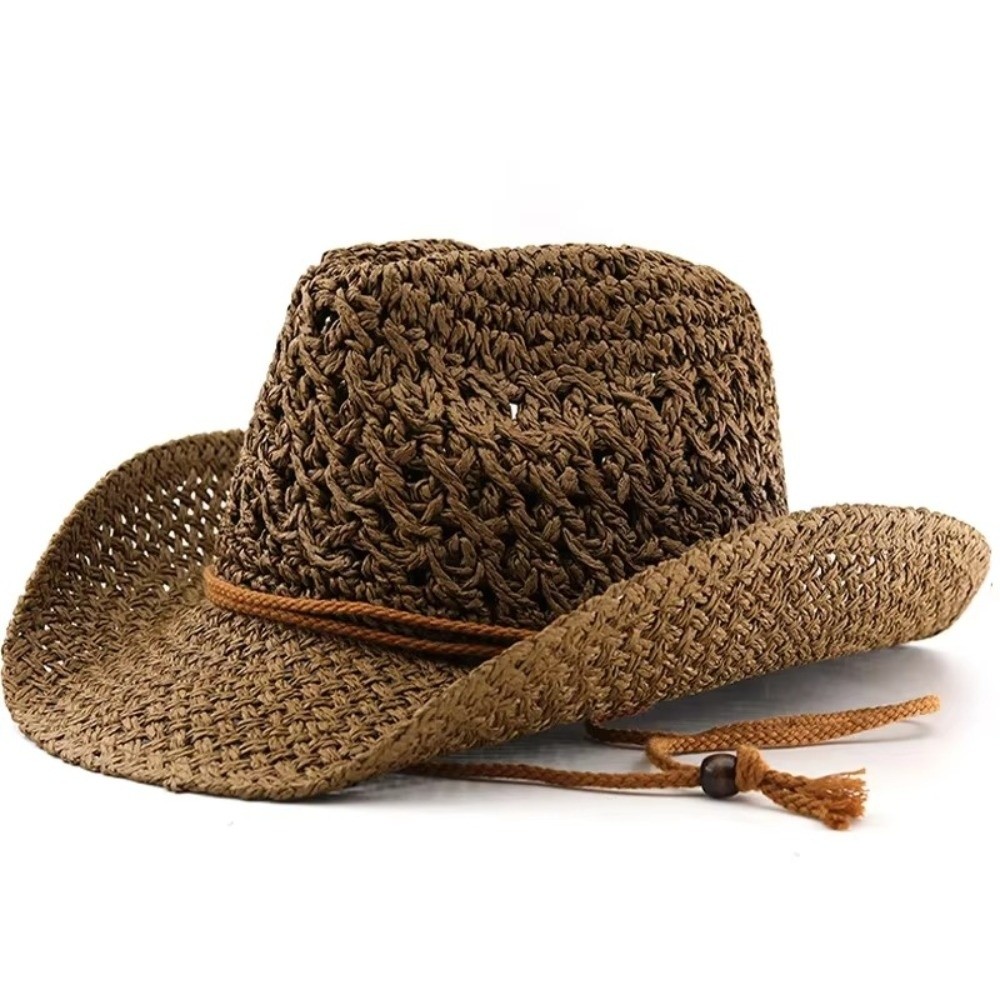 レトロなつば広日よけ麦わら帽子エスニックスタイルソリッドカラ - Cowboy Hat Straw のレビューと価格